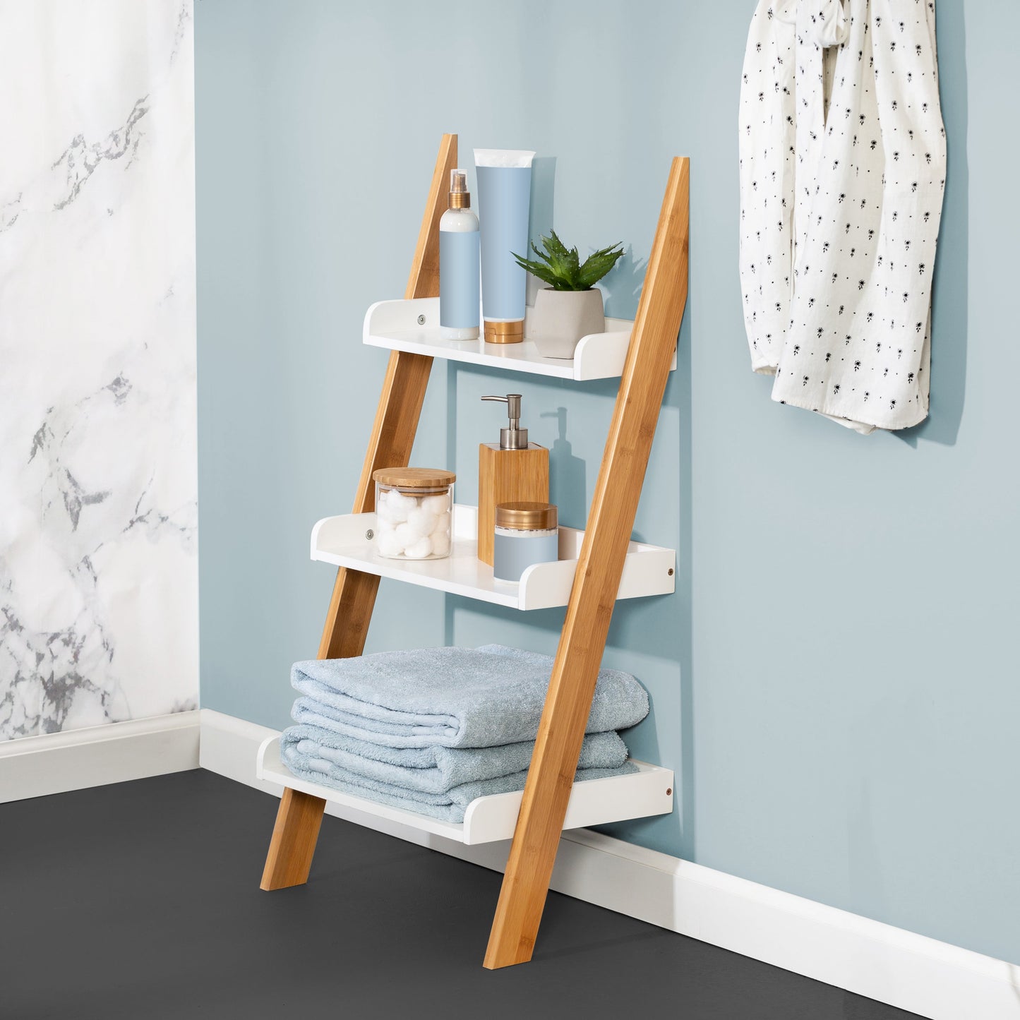 White/Bamboo 3-Tier Bath Leaning Ladder Shelf