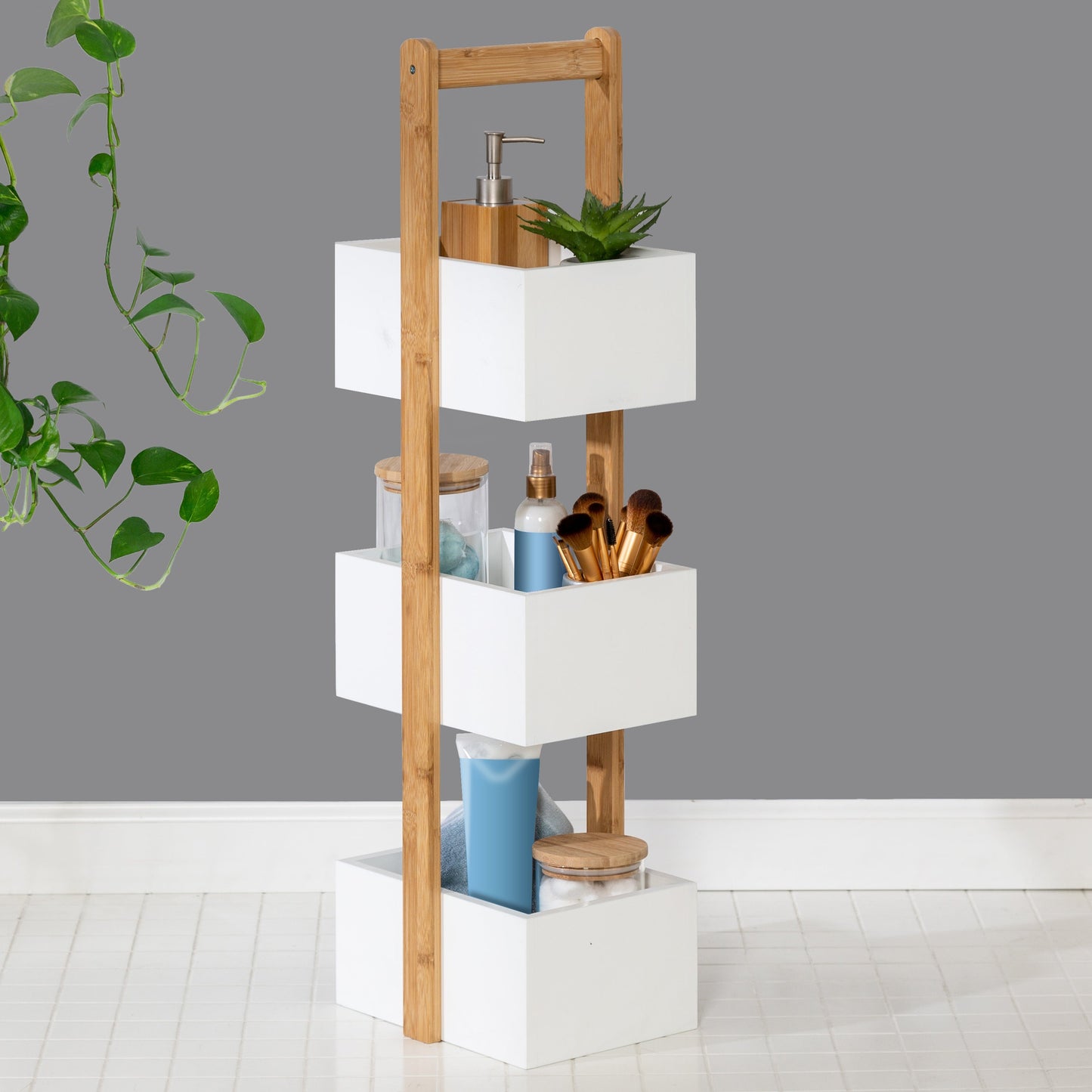 Natural Bamboo/White 3-Tier Bath Storage Caddy