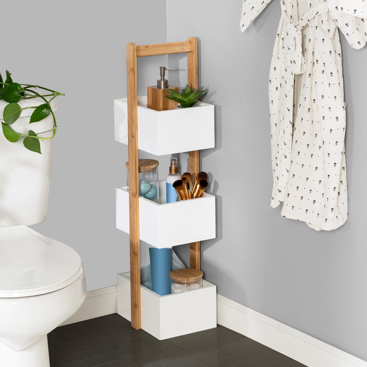Natural Bamboo/White 3-Tier Bath Storage Caddy
