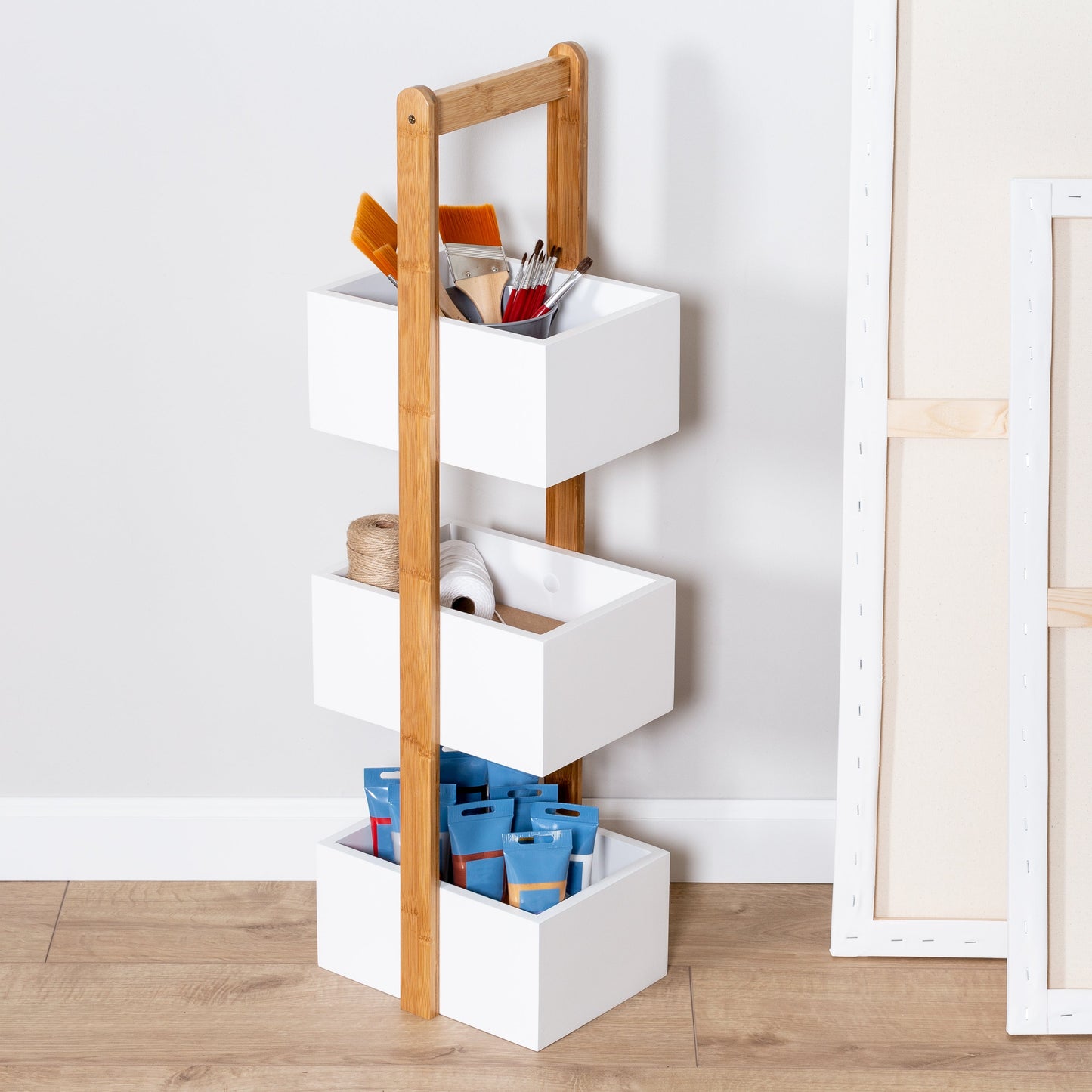 Natural Bamboo/White 3-Tier Bath Storage Caddy
