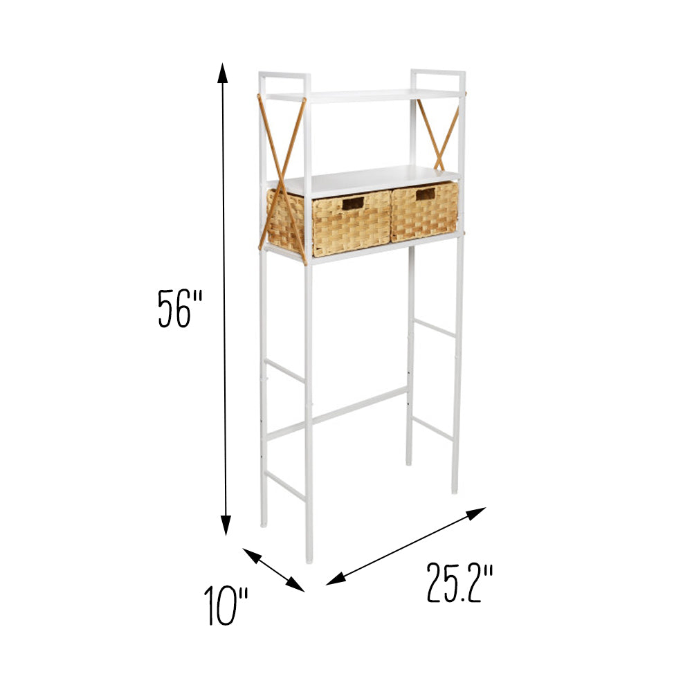 White Over-The-Toilet Space Saver with 2 Woven Baskets