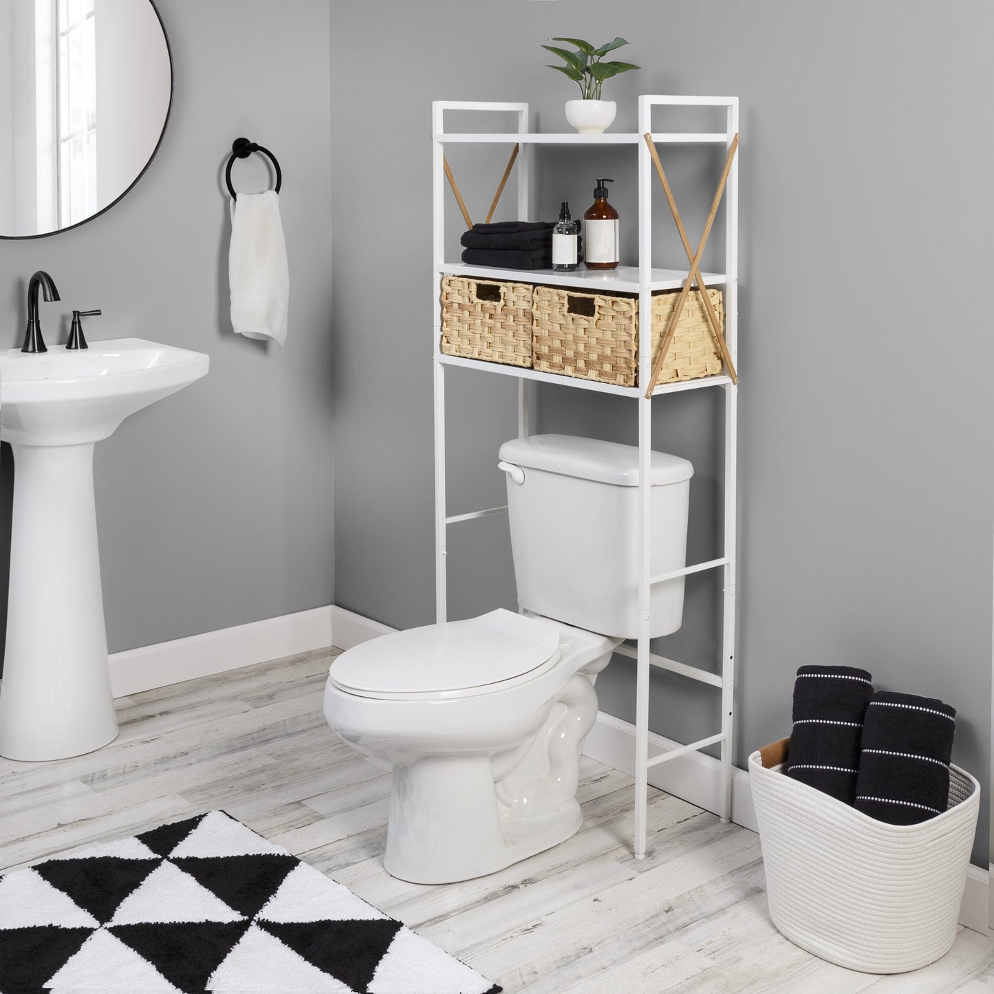 White Over-The-Toilet Space Saver with 2 Woven Baskets