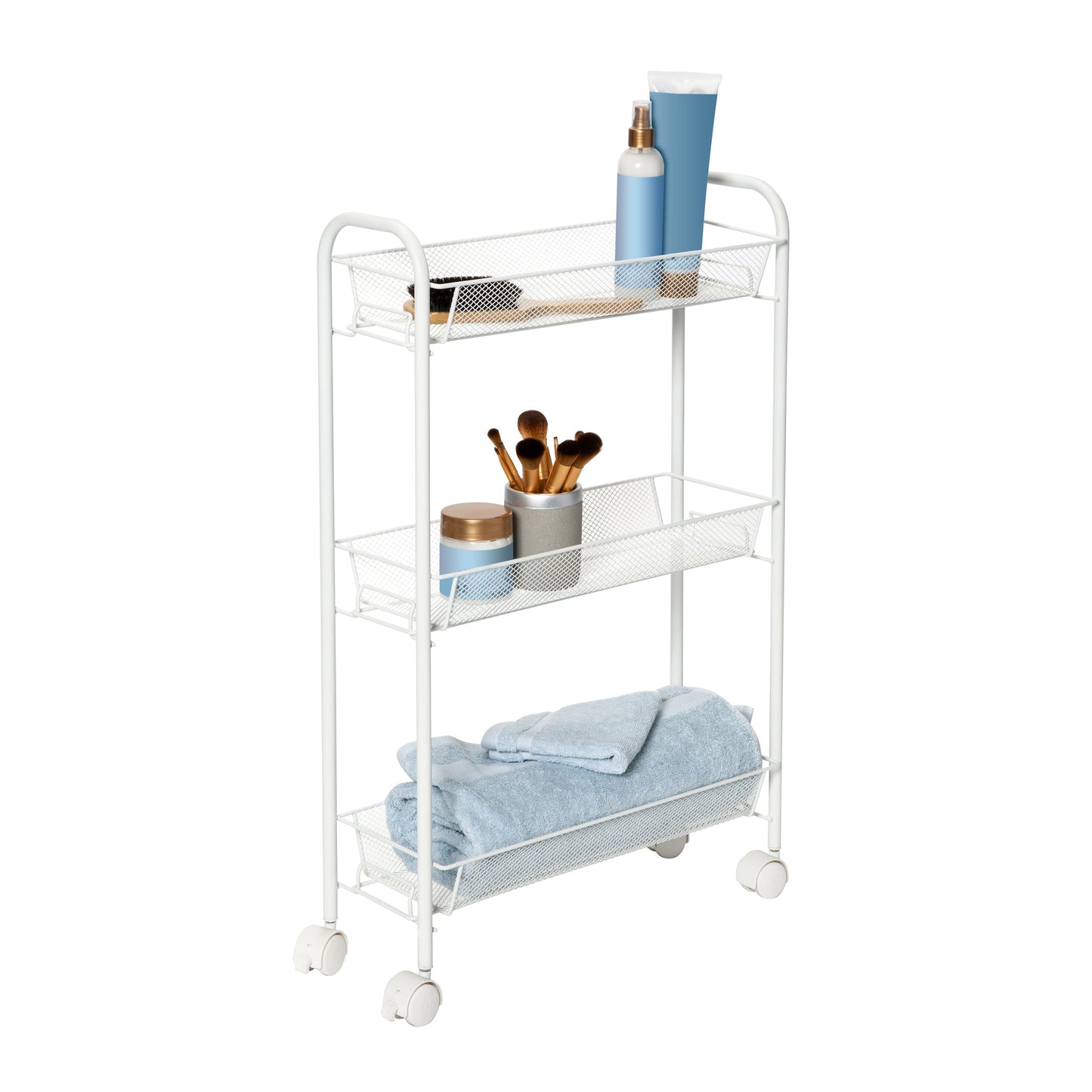 White 3-Basket Slim Rolling Wire Cart
