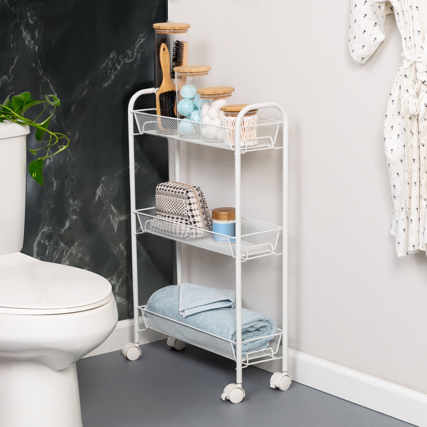 White 3-Basket Slim Rolling Wire Cart