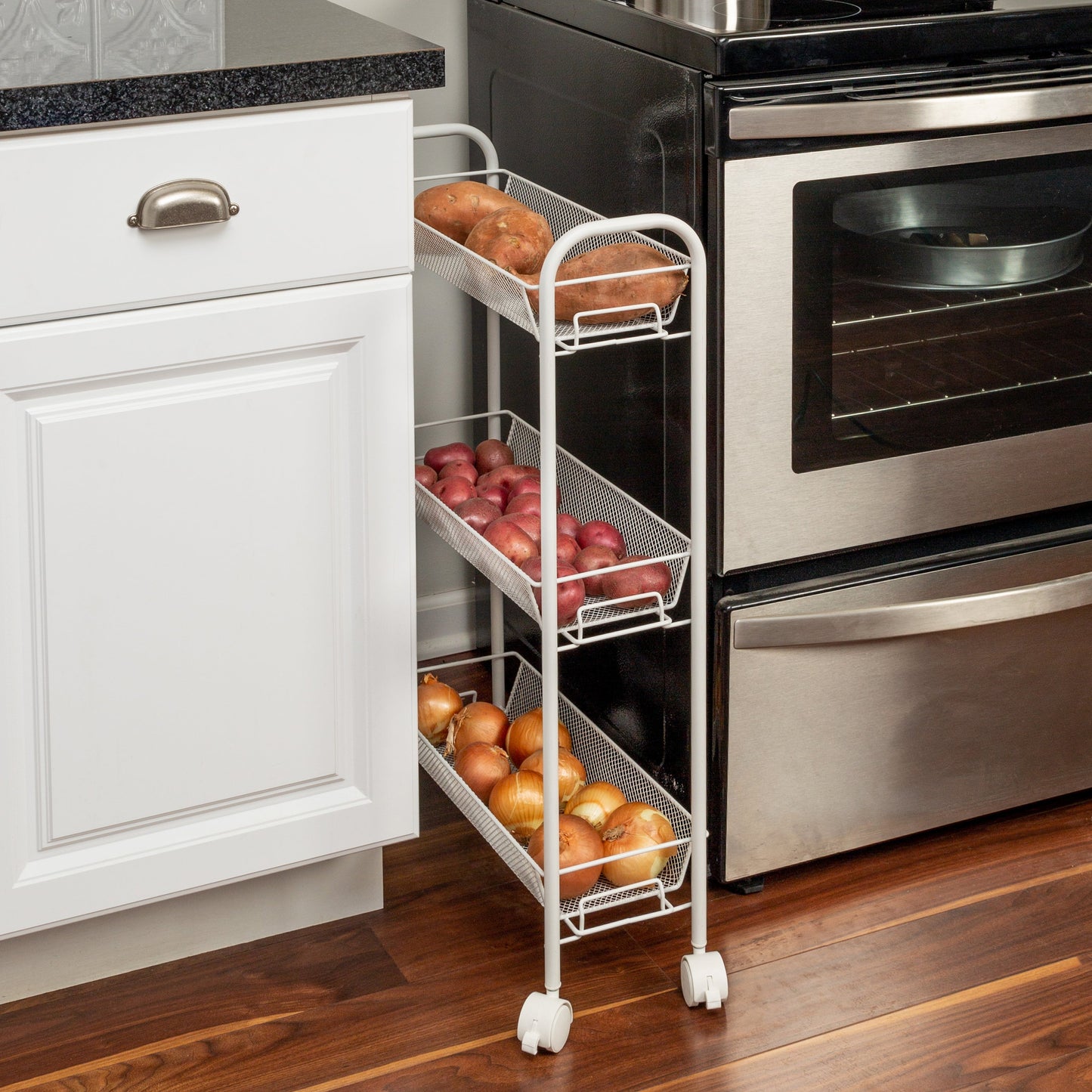 White 3-Basket Slim Rolling Wire Cart