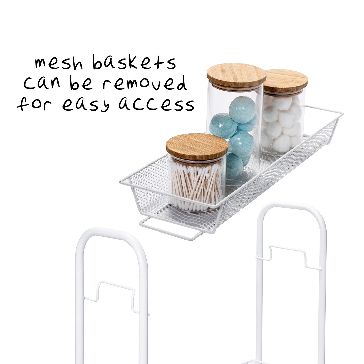 White 3-Basket Slim Rolling Wire Cart