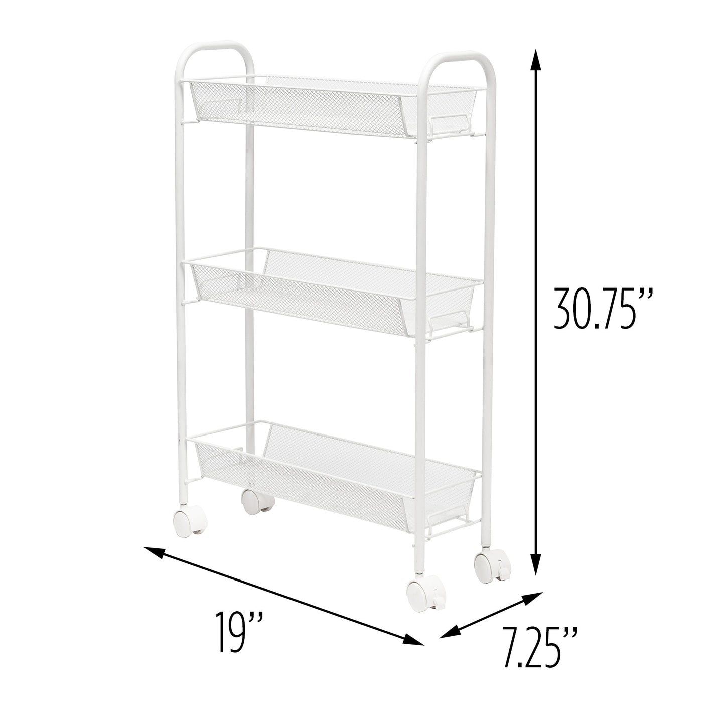 White 3-Basket Slim Rolling Wire Cart