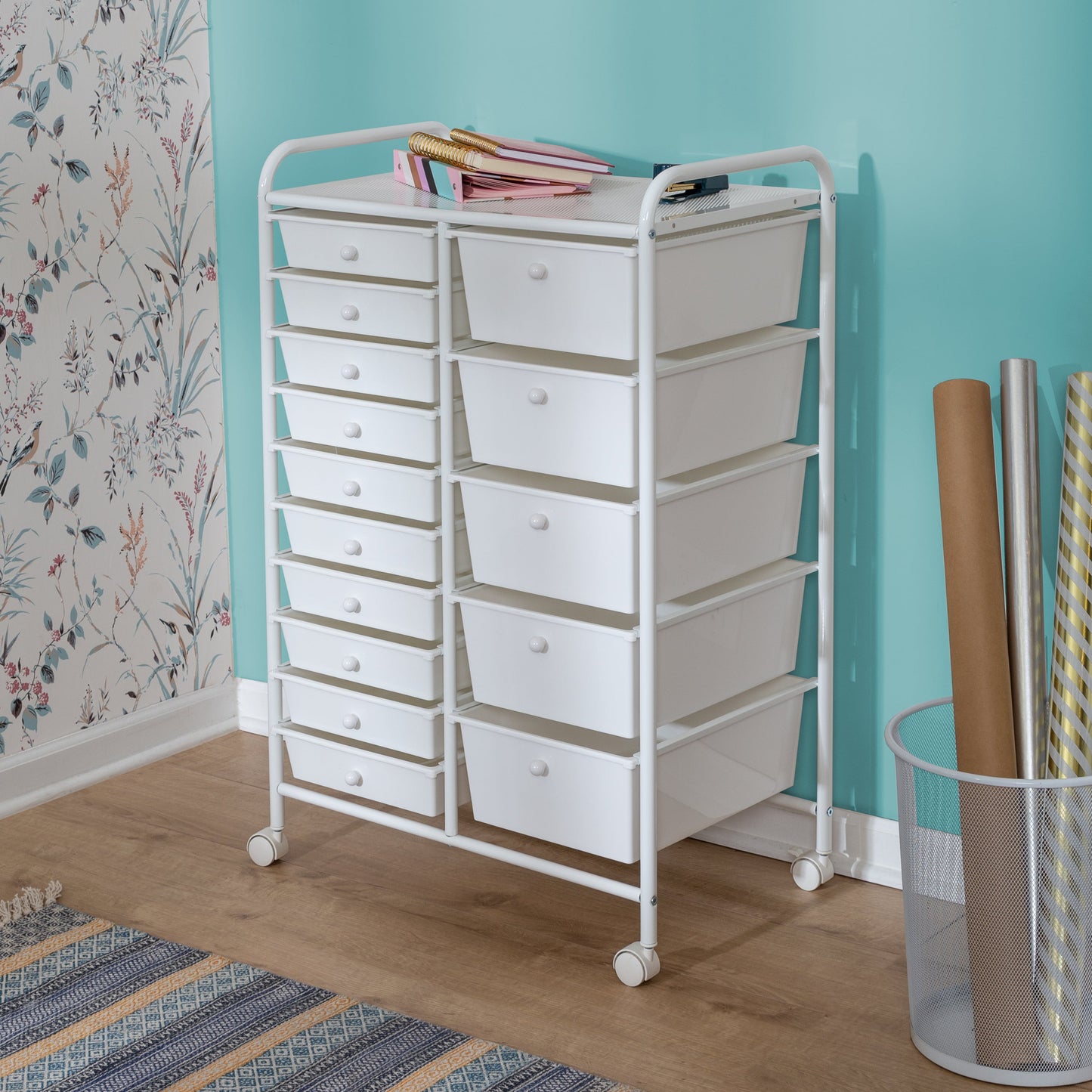 15-Drawer Metal Rolling Storage Cart, White