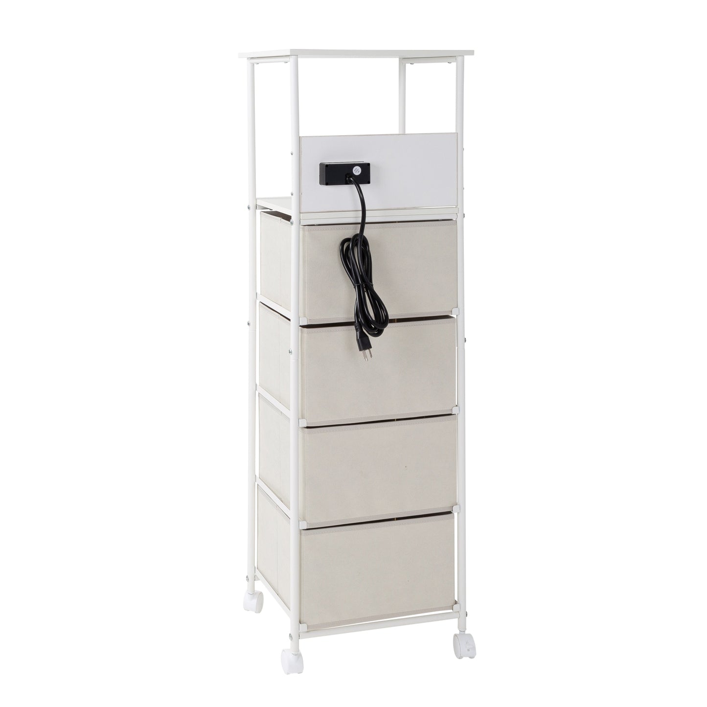 White/Gray Dorm 4-Drawer Bedside Charging Storage Cart