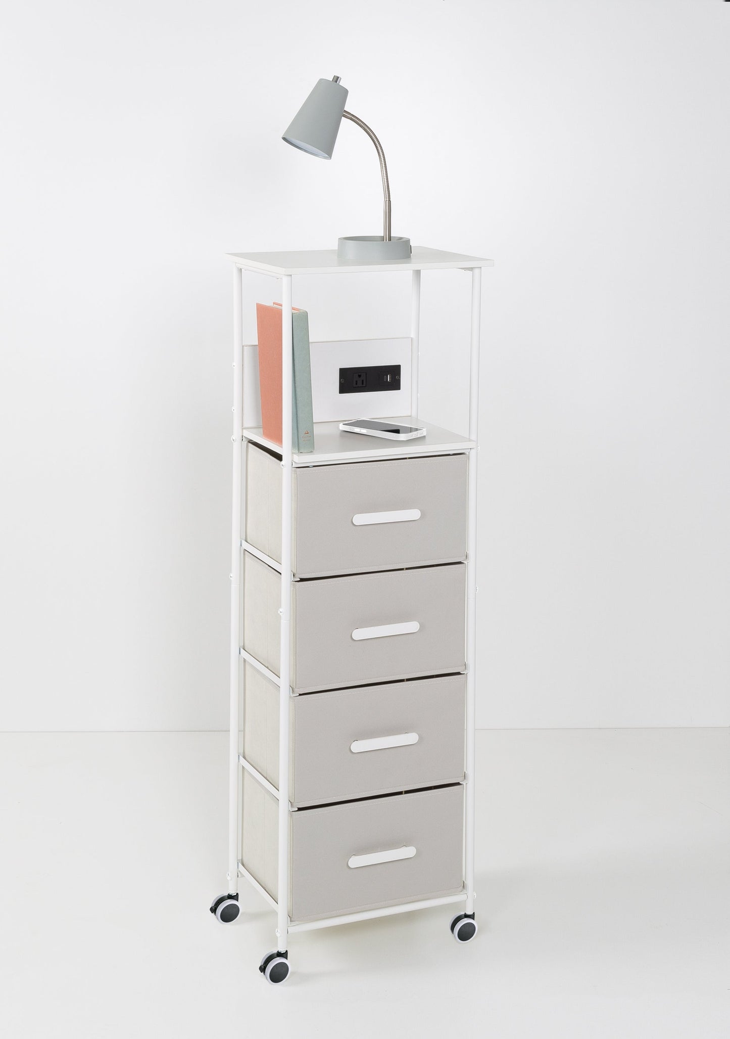 White/Gray Dorm 4-Drawer Bedside Charging Storage Cart