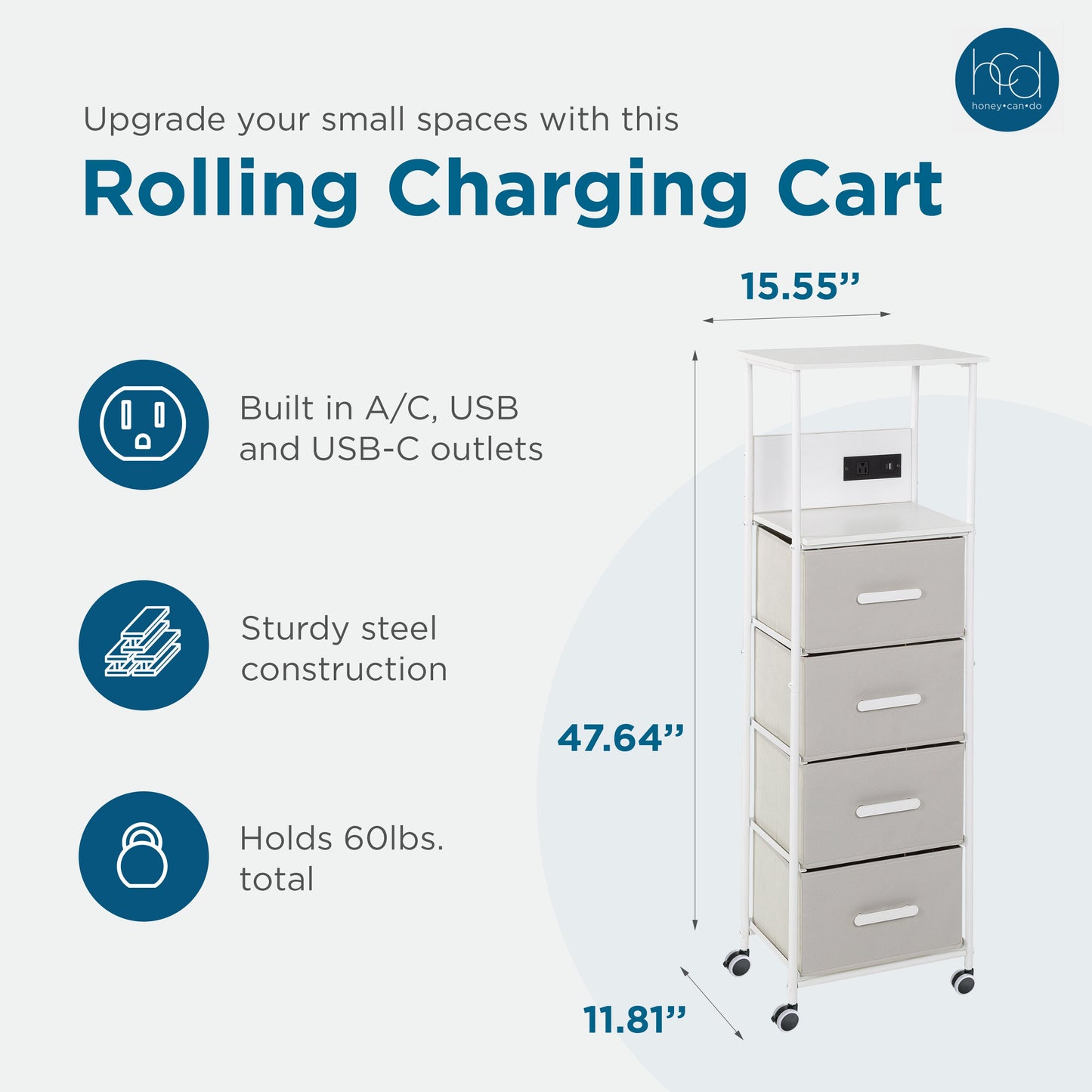 White/Gray Dorm 4-Drawer Bedside Charging Storage Cart