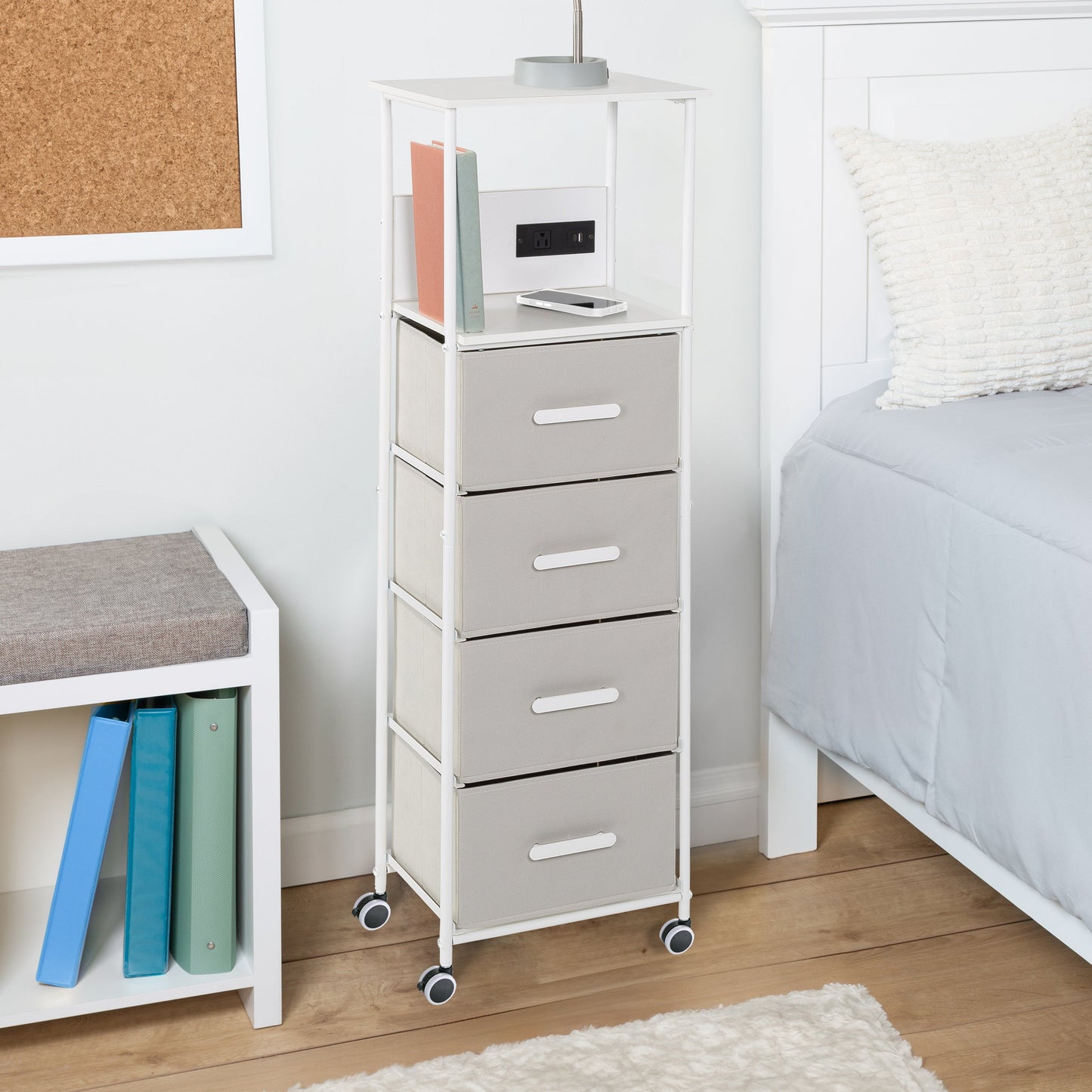 White/Gray Dorm 4-Drawer Bedside Charging Storage Cart