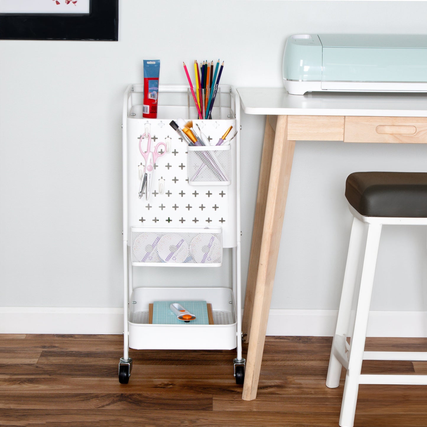 White Steel 3-Tier Craft or Makeup Organizer Cart with Side Storage