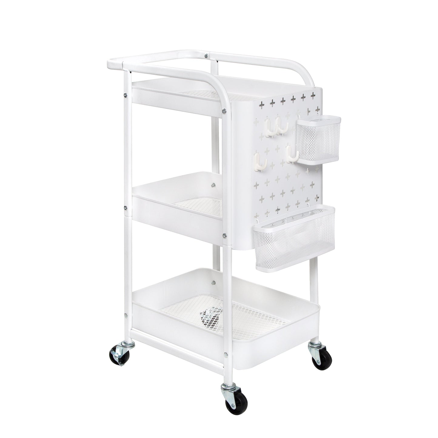 White Steel 3-Tier Craft or Makeup Organizer Cart with Side Storage