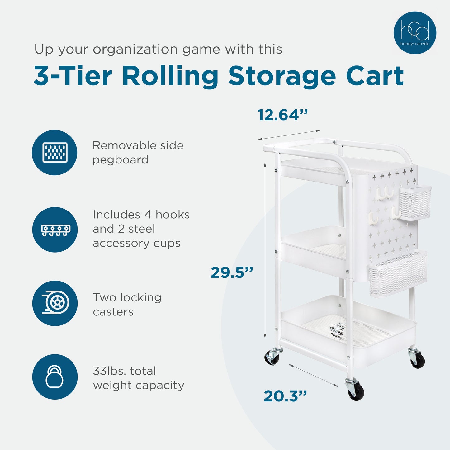 White Steel 3-Tier Craft or Makeup Organizer Cart with Side Storage