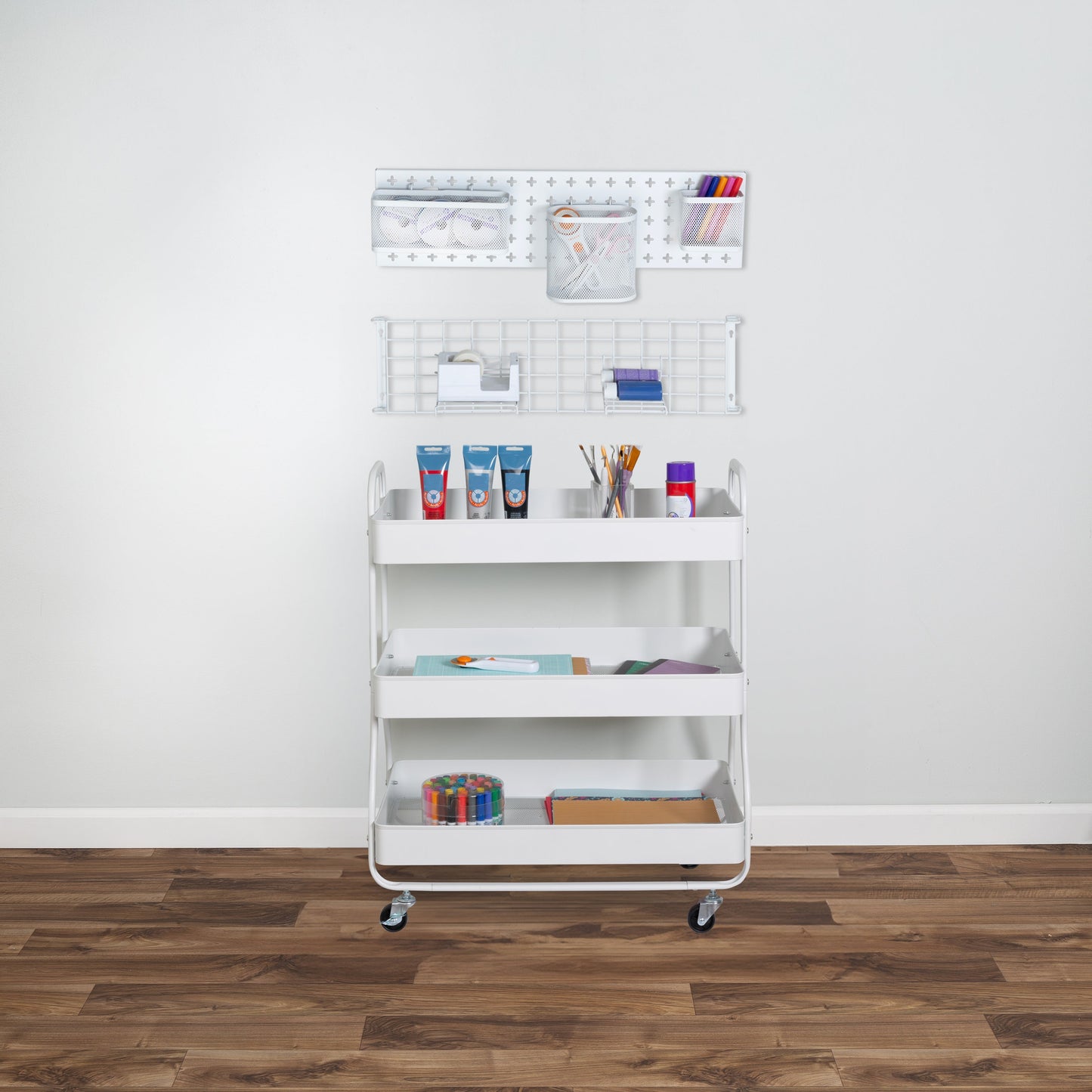 White Steel Rolling 2-in-1 Craft Storage Cart