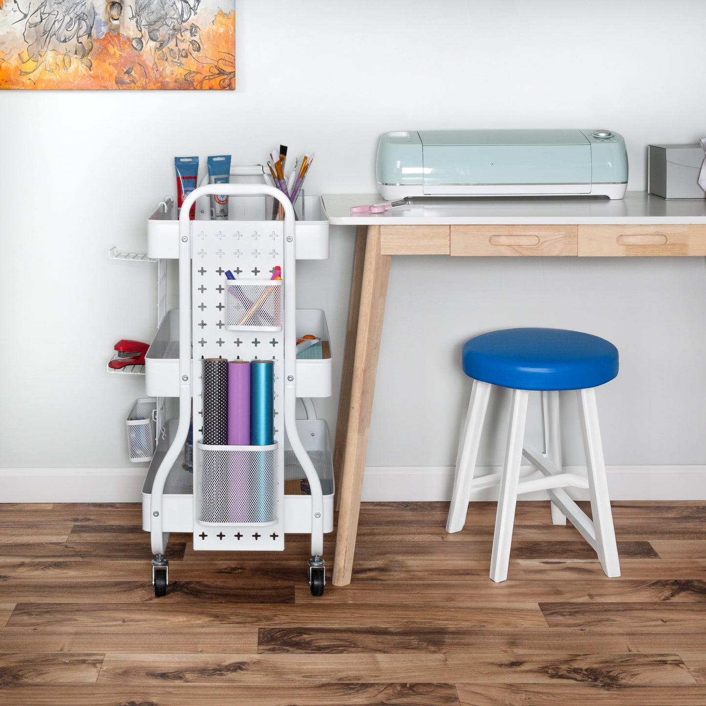White Steel Rolling 2-in-1 Craft Storage Cart