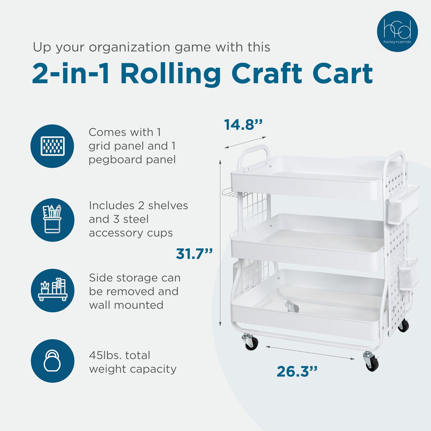 White Steel Rolling 2-in-1 Craft Storage Cart