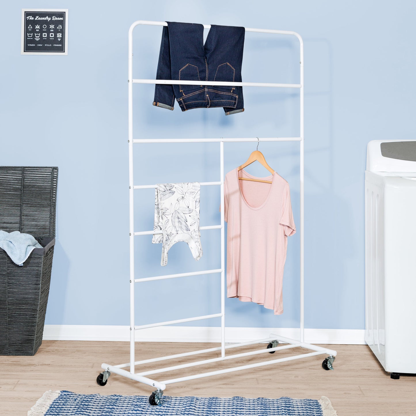 White Multi-Section Rolling T-Bar Drying Rack