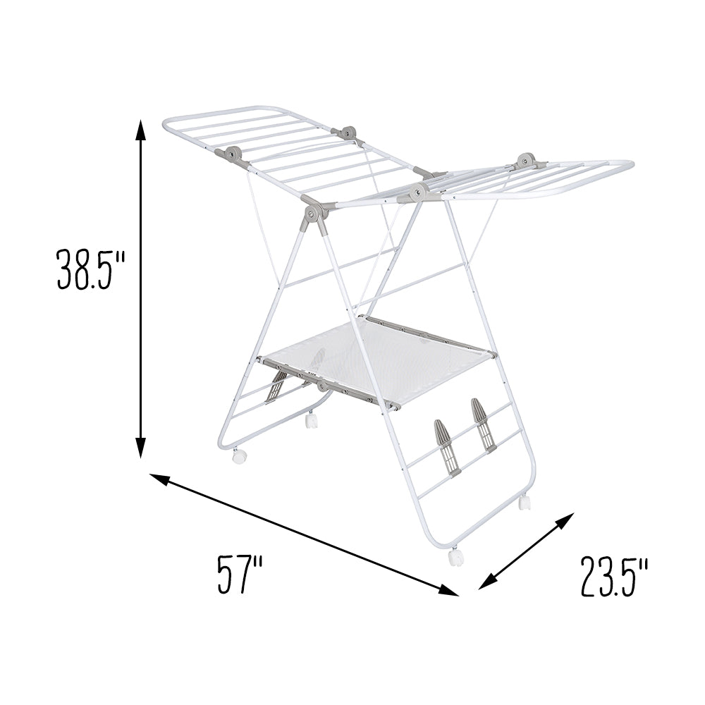 White Folding Gullwing Clothes Drying Rack with Wheels