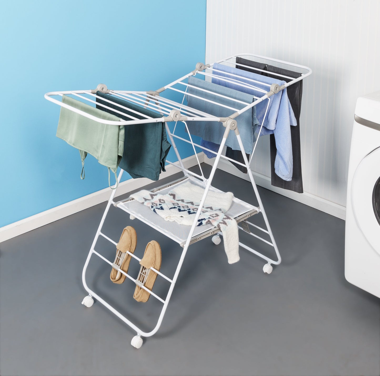 White Folding Gullwing Clothes Drying Rack with Wheels