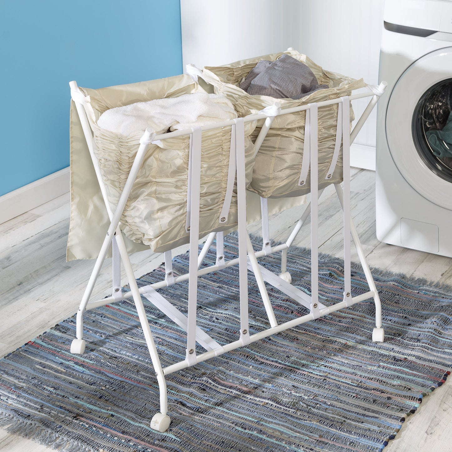 White/Natural 2-Bag No Bend Rolling Bounce Back Hamper