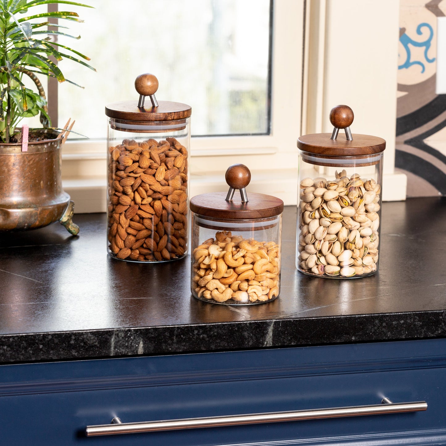 Clear/Acacia Top Glass Kitchen Canisters (3-Piece Set)