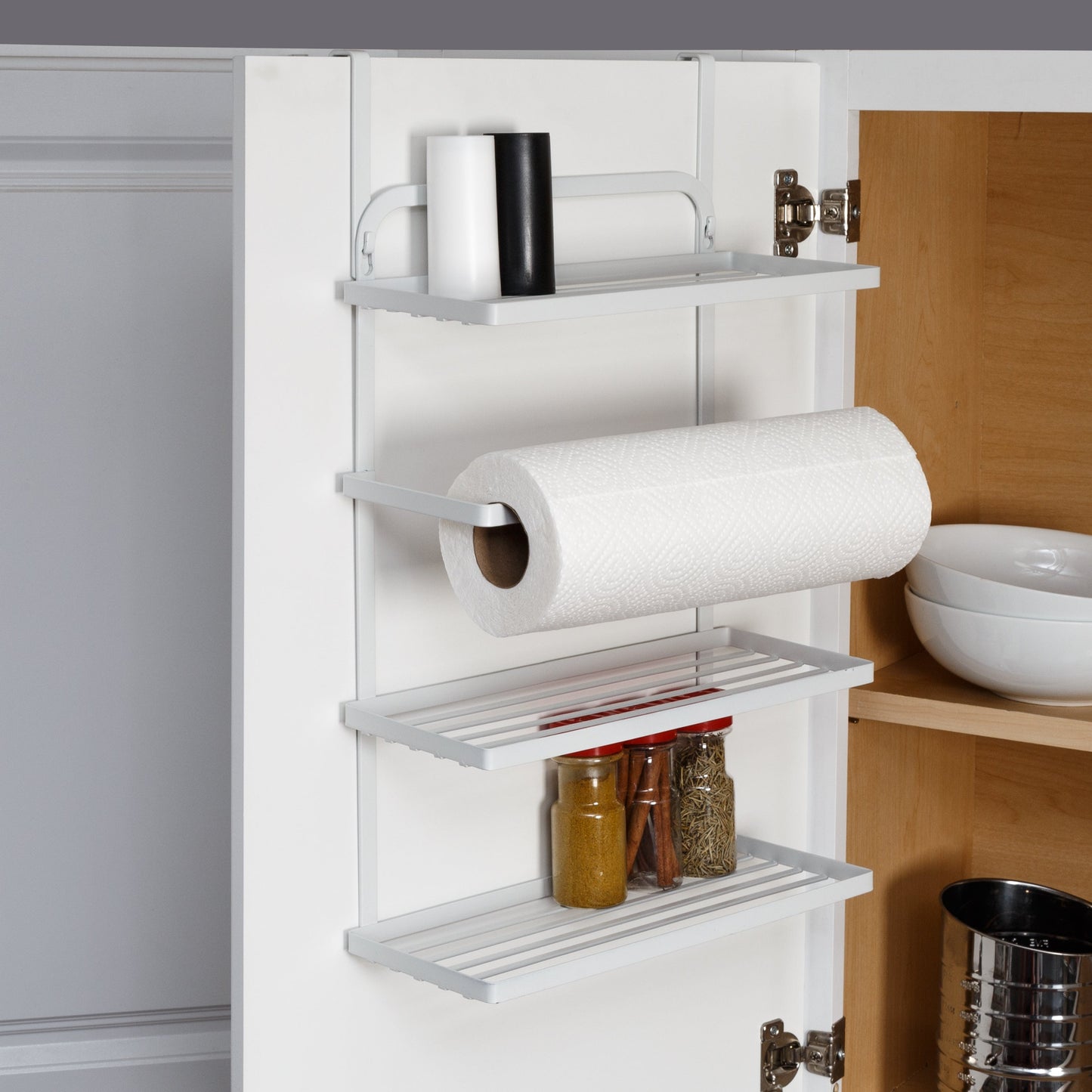 White Steel Hanging Spice Rack with Paper Towel Holder