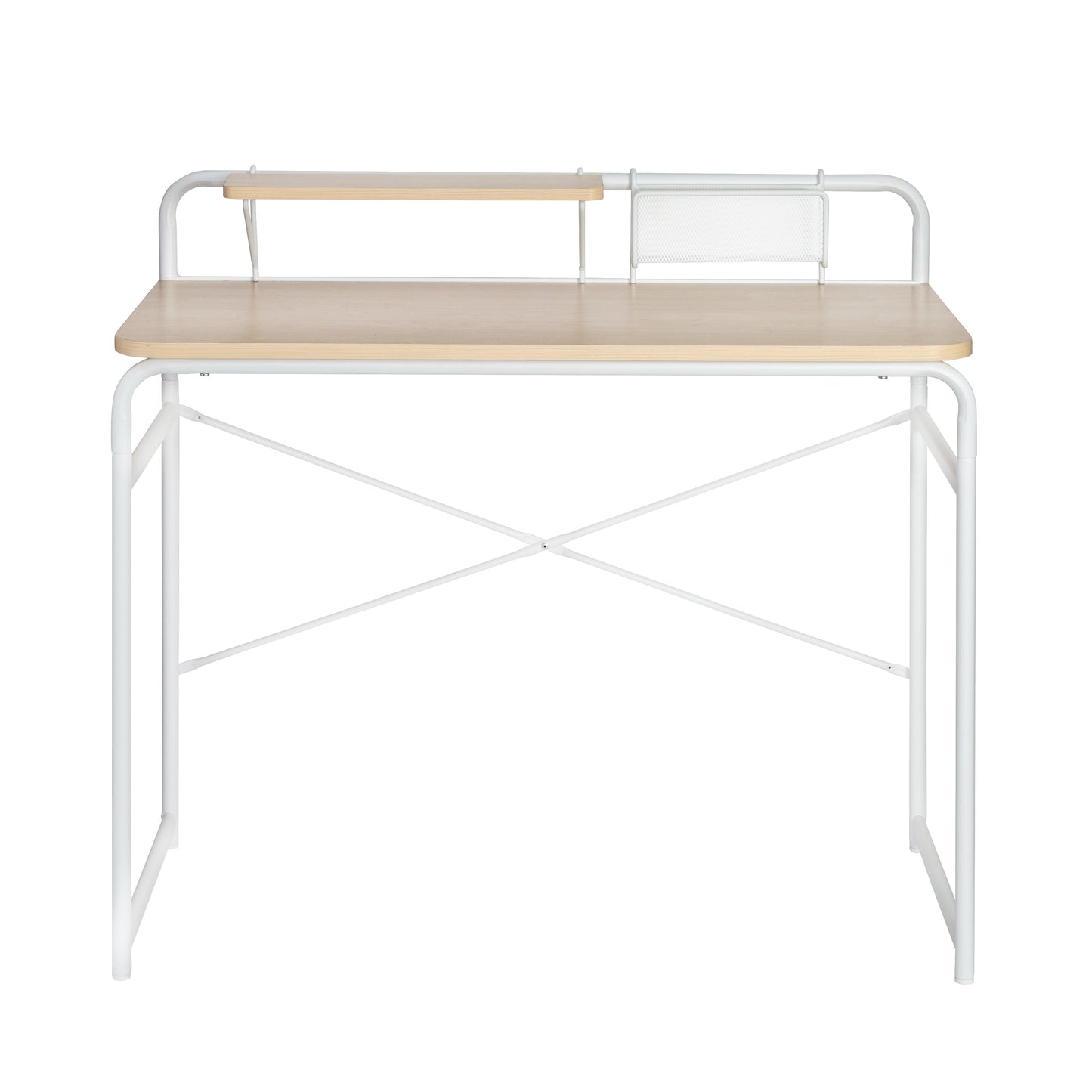 White/Natural Home Office Desk with Shelf and Basket