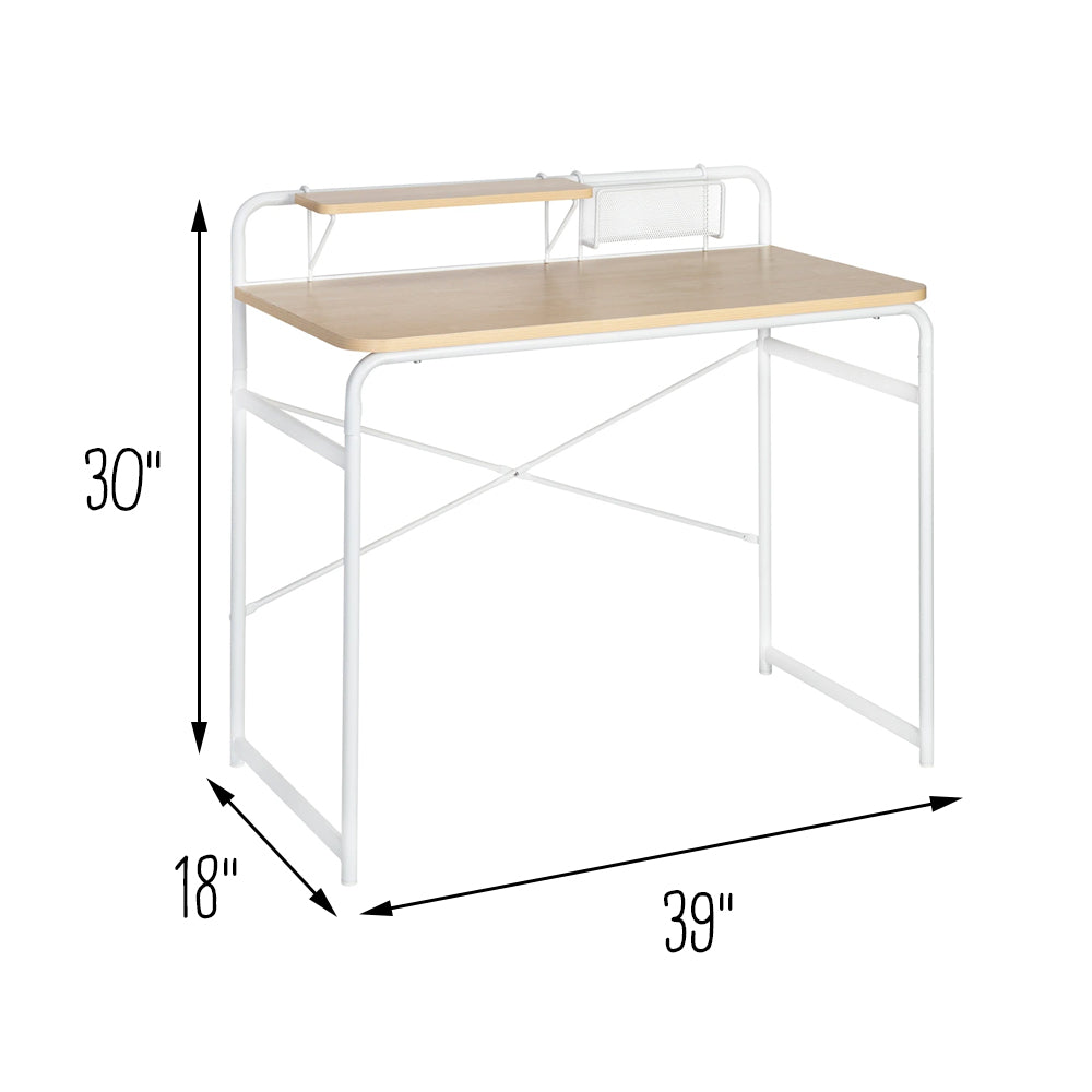 White/Natural Home Office Desk with Shelf and Basket