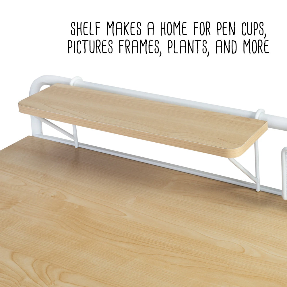 White/Natural Home Office Desk with Shelf and Basket