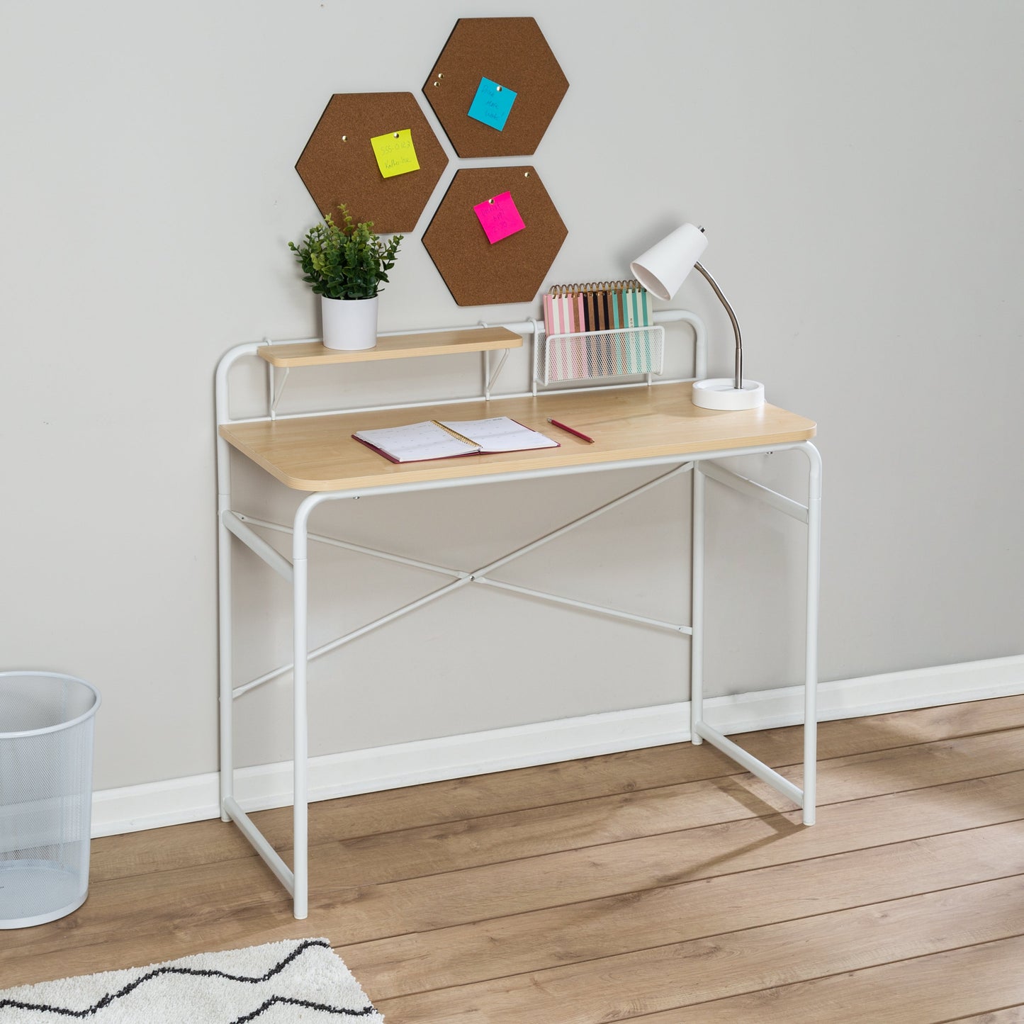 White/Natural Home Office Desk with Shelf and Basket