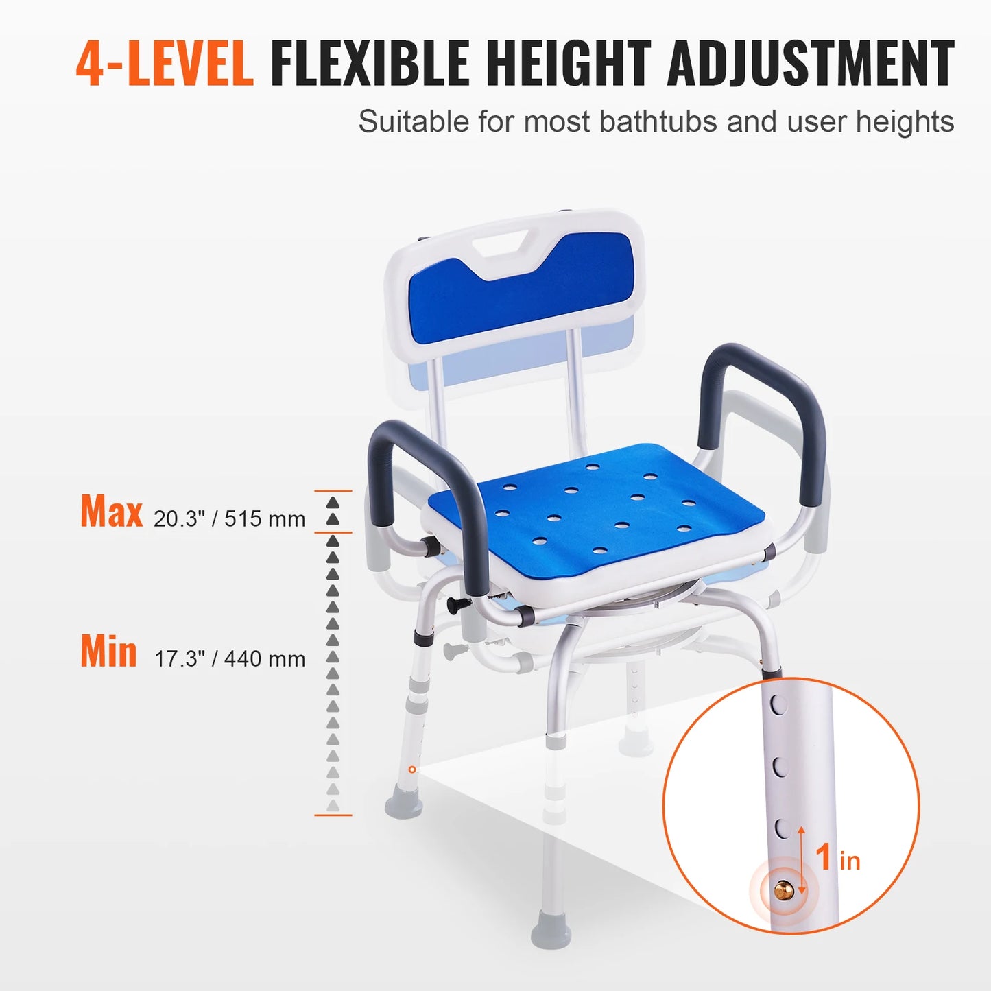 SucceBuy Swivel Shower Chair 360 Degree Adjustable with Armrest and Backrest for Shower or Bathtub Non-Slip for Elderly Disabled
