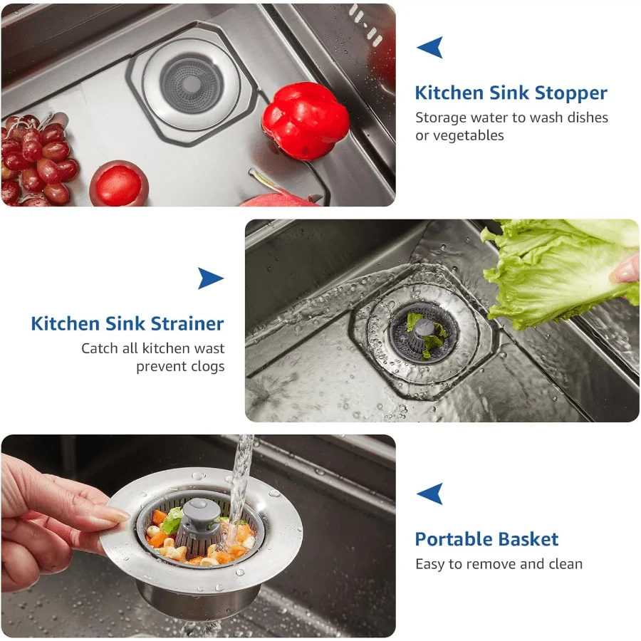 1Pc 3-in-1 Kitchen Sink Drain Strainer and Plug Set, Gamble Proof Sink Food Collector for US Standards