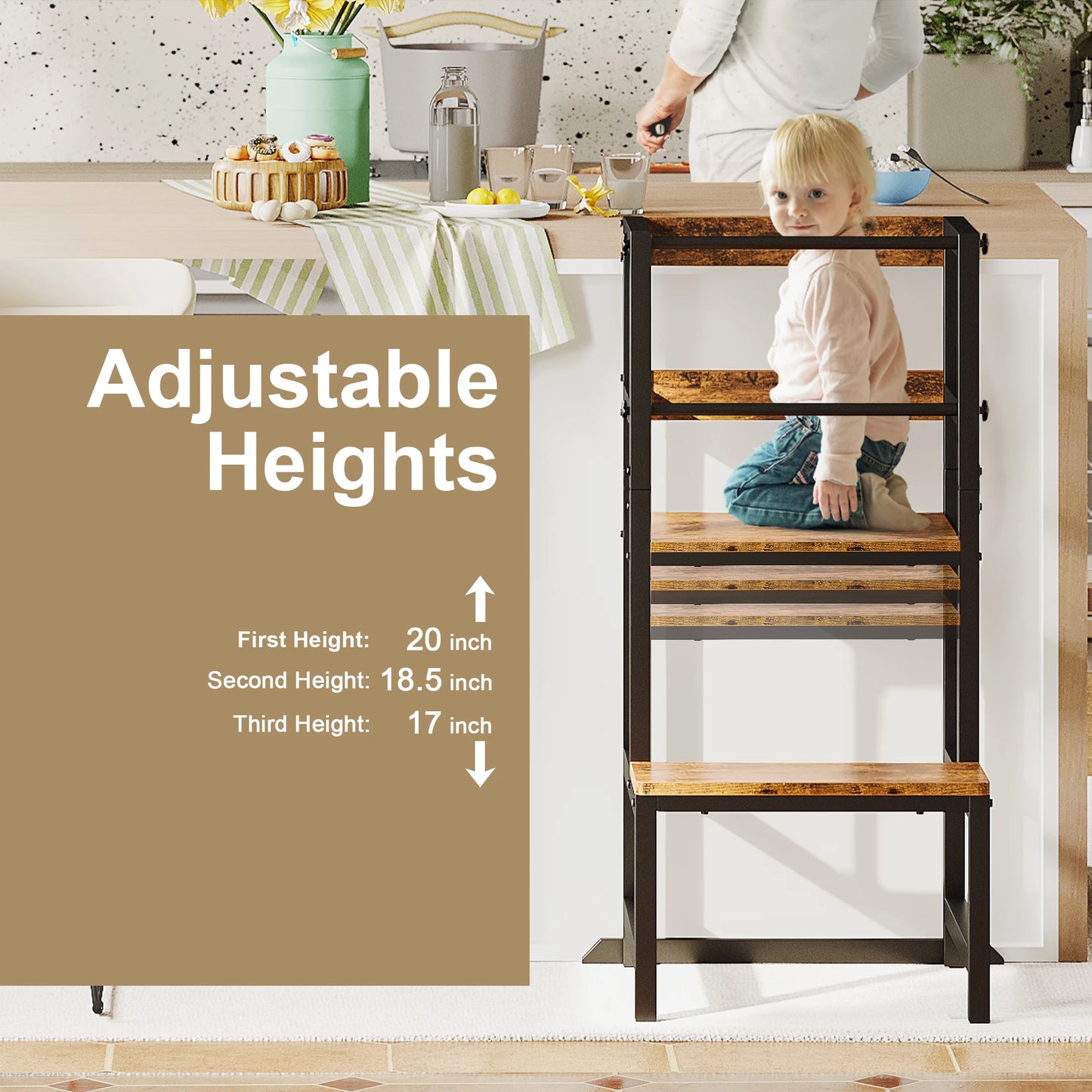 Toddler Kitchen Step Stool, Adjustable Height Learning Tower with Safety Rail, Steel & Wood Kitchen Stool for Kids, Toddler Help