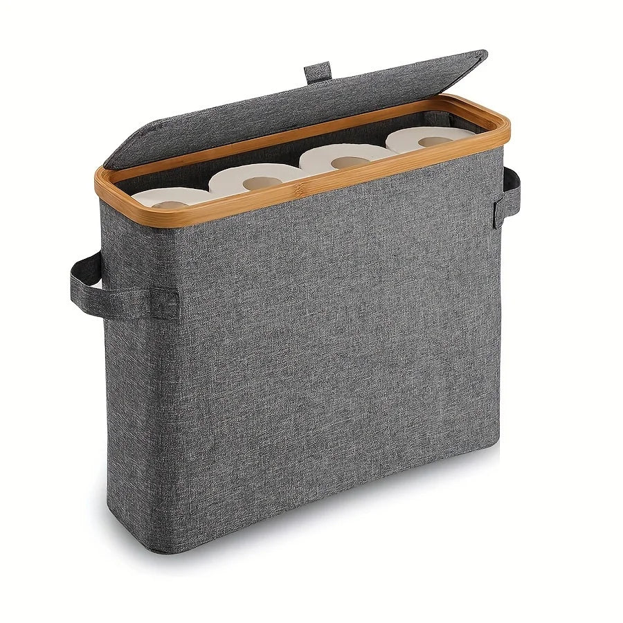 Bamboo toilet paper holder with lid - Self-contained bathroom organizer with handle, enclosed tissue storage box