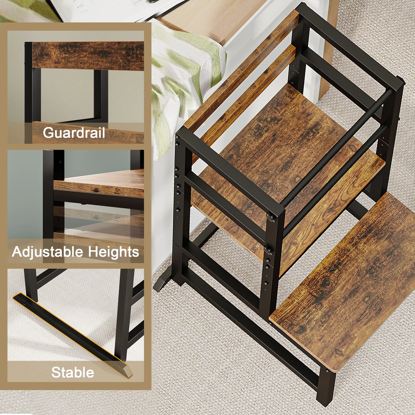 Toddler Kitchen Step Stool, Adjustable Height Learning Tower with Safety Rail, Steel & Wood Kitchen Stool for Kids, Toddler Help