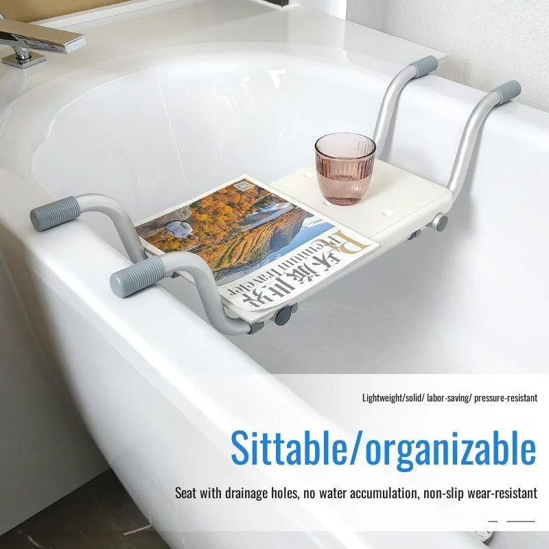 Adjustable Width Anti-Slip Bathtub Chair Combined with Multifunctional Shelf Bath Stool Offering Support for Comfortable Bathing
