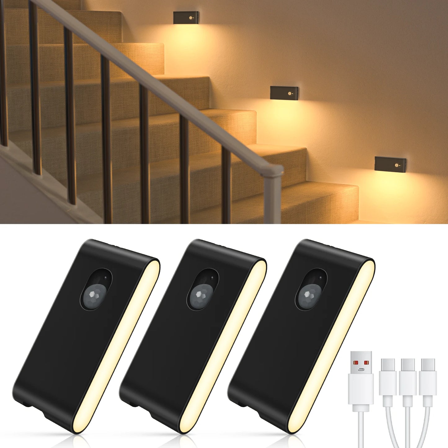 WILLED Motion Sensor Night Light Warm White Indoor Rechargeable Stair Light Indoor for Hallway Stairway Bathroom Bedroom Kitchen