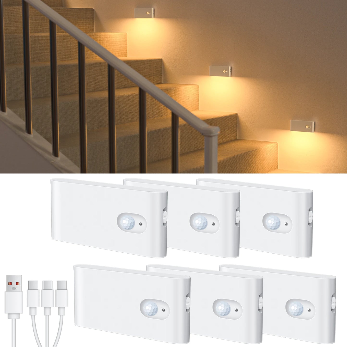 WILLED Motion Sensor Night Light Warm White Indoor Rechargeable Stair Light Indoor for Hallway Stairway Bathroom Bedroom Kitchen
