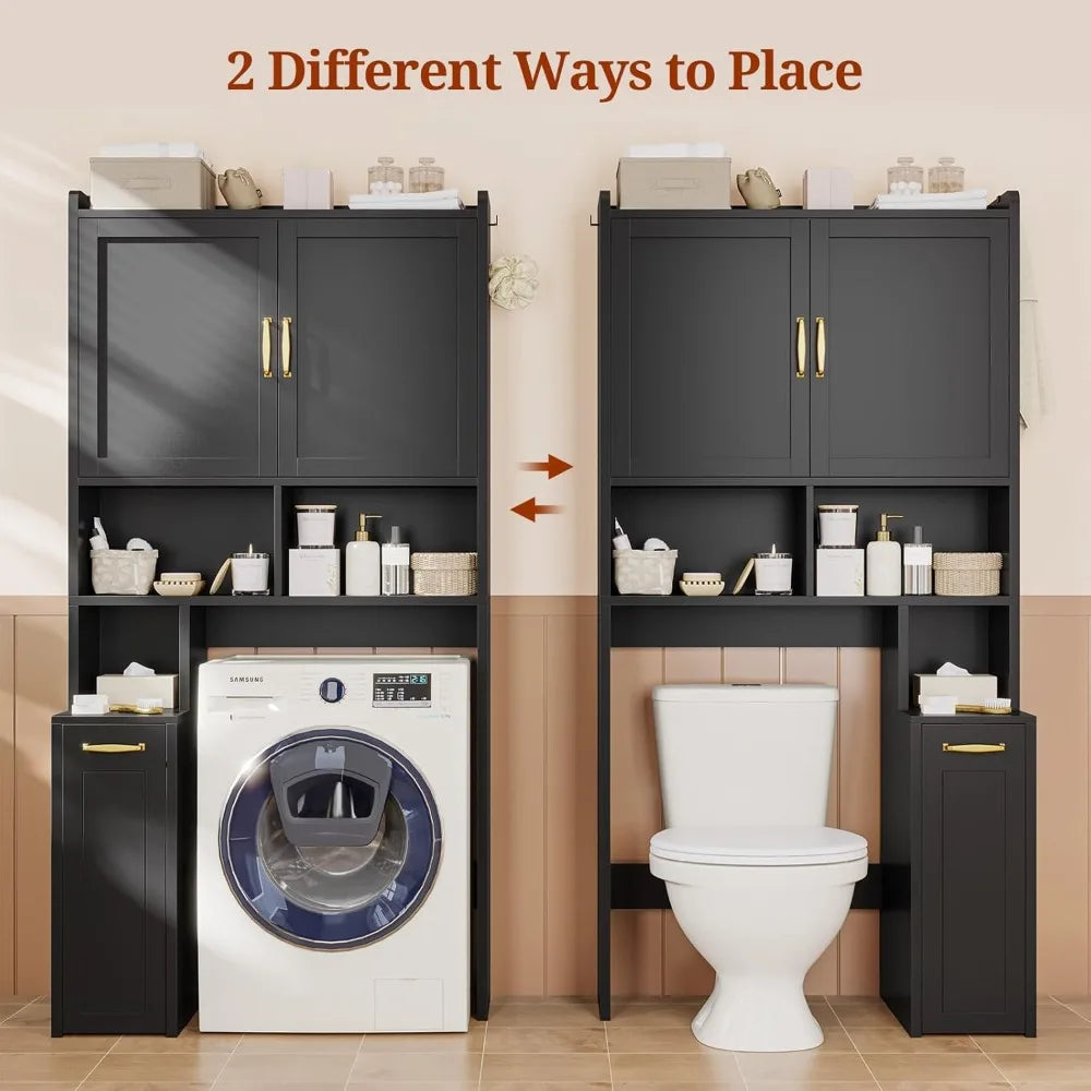 Over The Toilet Storage Cabinet with Pulley, Space Saver W/Adjustable Shelf & Open Shelf for Bathroom, Restroom&Laundry