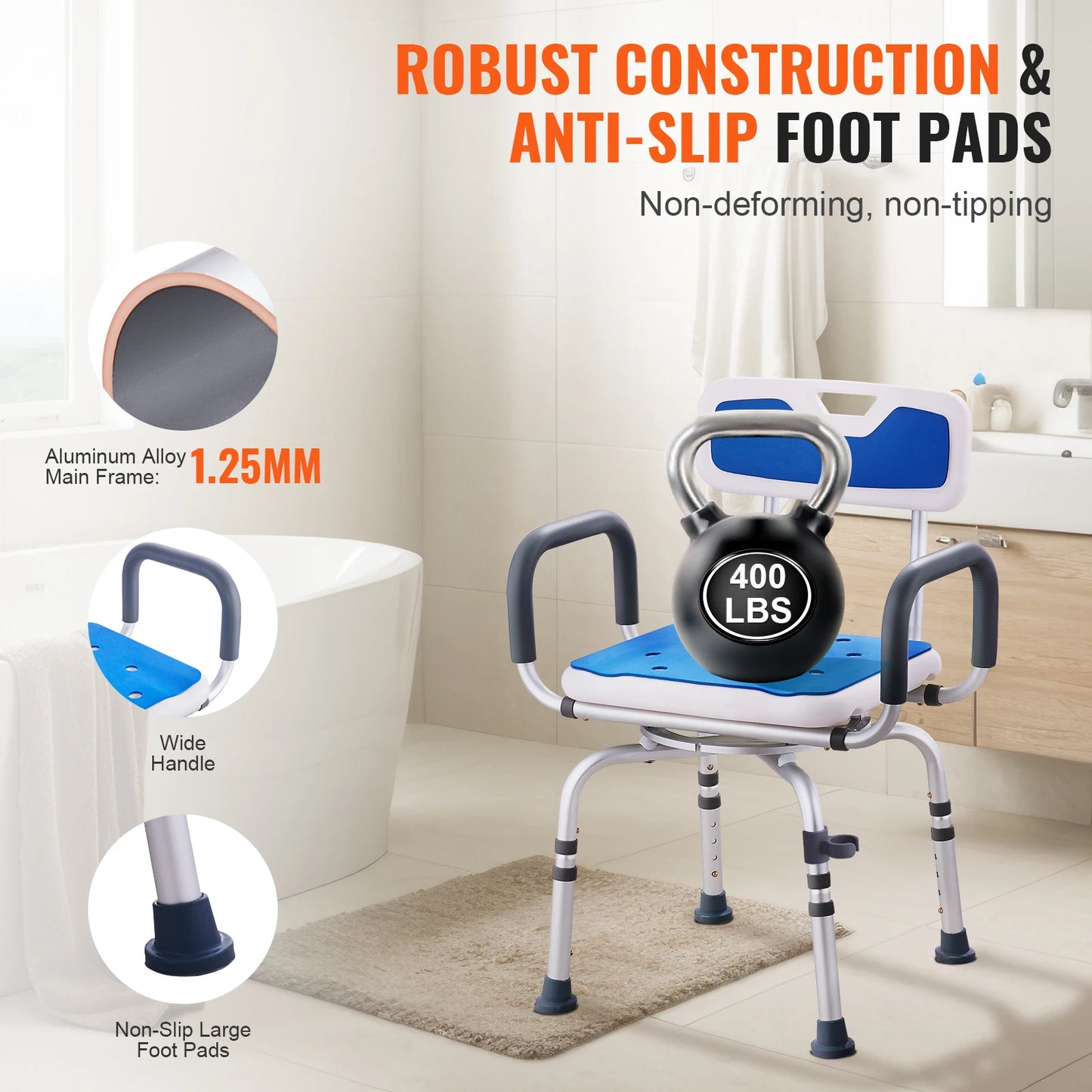 SucceBuy Swivel Shower Chair 360 Degree Adjustable with Armrest and Backrest for Shower or Bathtub Non-Slip for Elderly Disabled