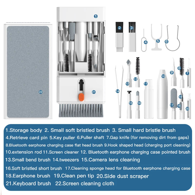 22-in-1 Multi-Purpose Electronics Cleaning Kit with Bluetooth Earbud Cleaners, Charging Port Brushes & Keyboard Cleaning Tools