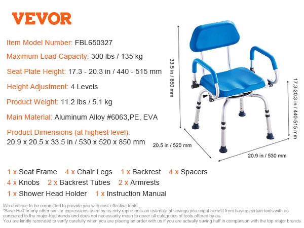 SucceBuy Swivel Shower Chair 360 Degree Adjustable with Armrest and Backrest for Shower or Bathtub Non-Slip for Elderly Disabled