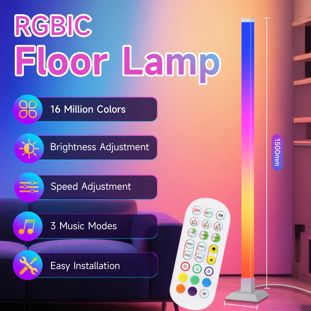150cm RGB Floor Lamp Remote Control RGBIC Interior Decoration Mood Lighting LED Stand Lights for Living Room Bedroom Dining Tabl