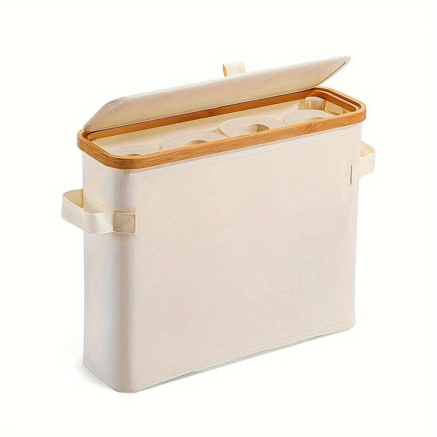 Bamboo toilet paper holder with lid - Self-contained bathroom organizer with handle, enclosed tissue storage box