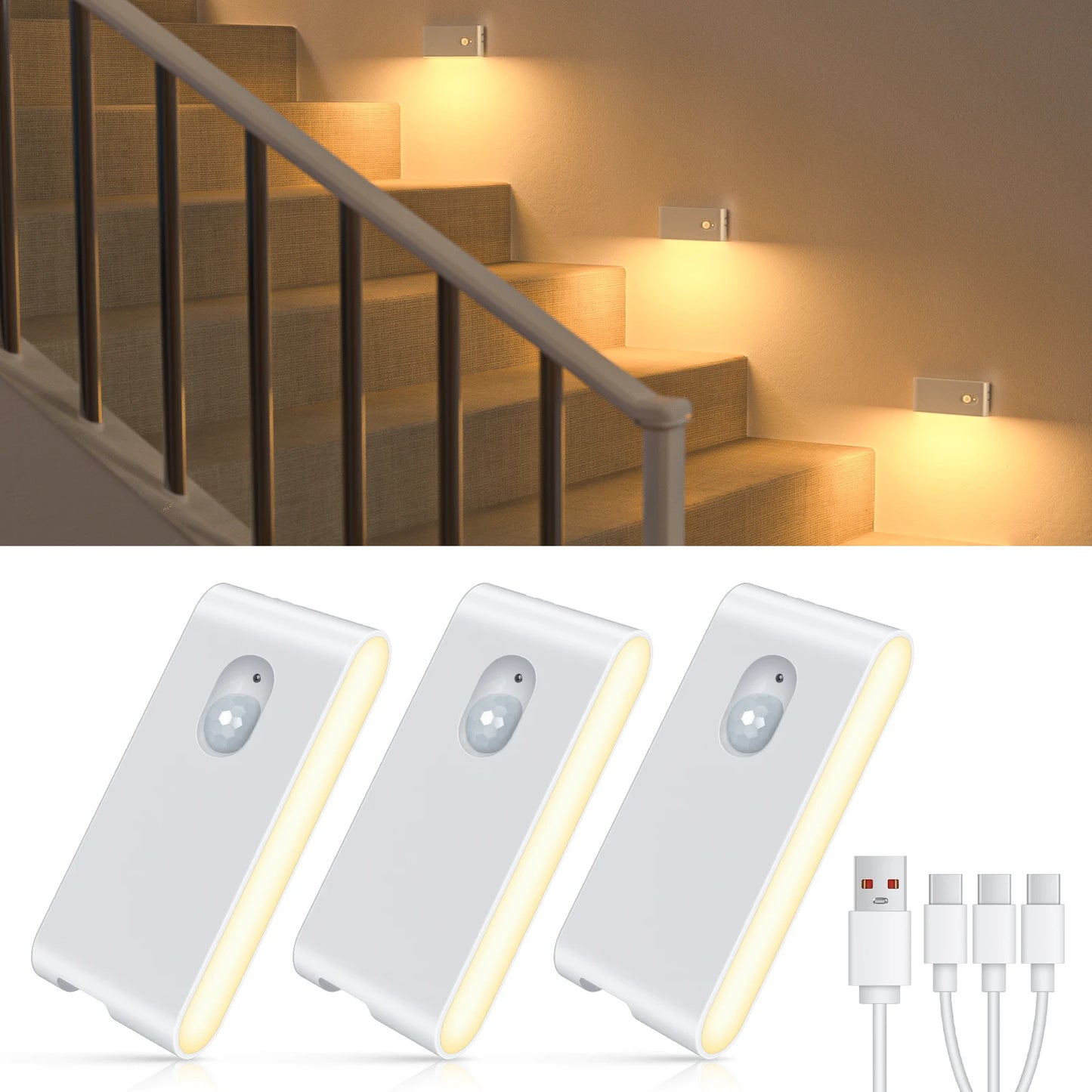 WILLED Motion Sensor Night Light Warm White Indoor Rechargeable Stair Light Indoor for Hallway Stairway Bathroom Bedroom Kitchen
