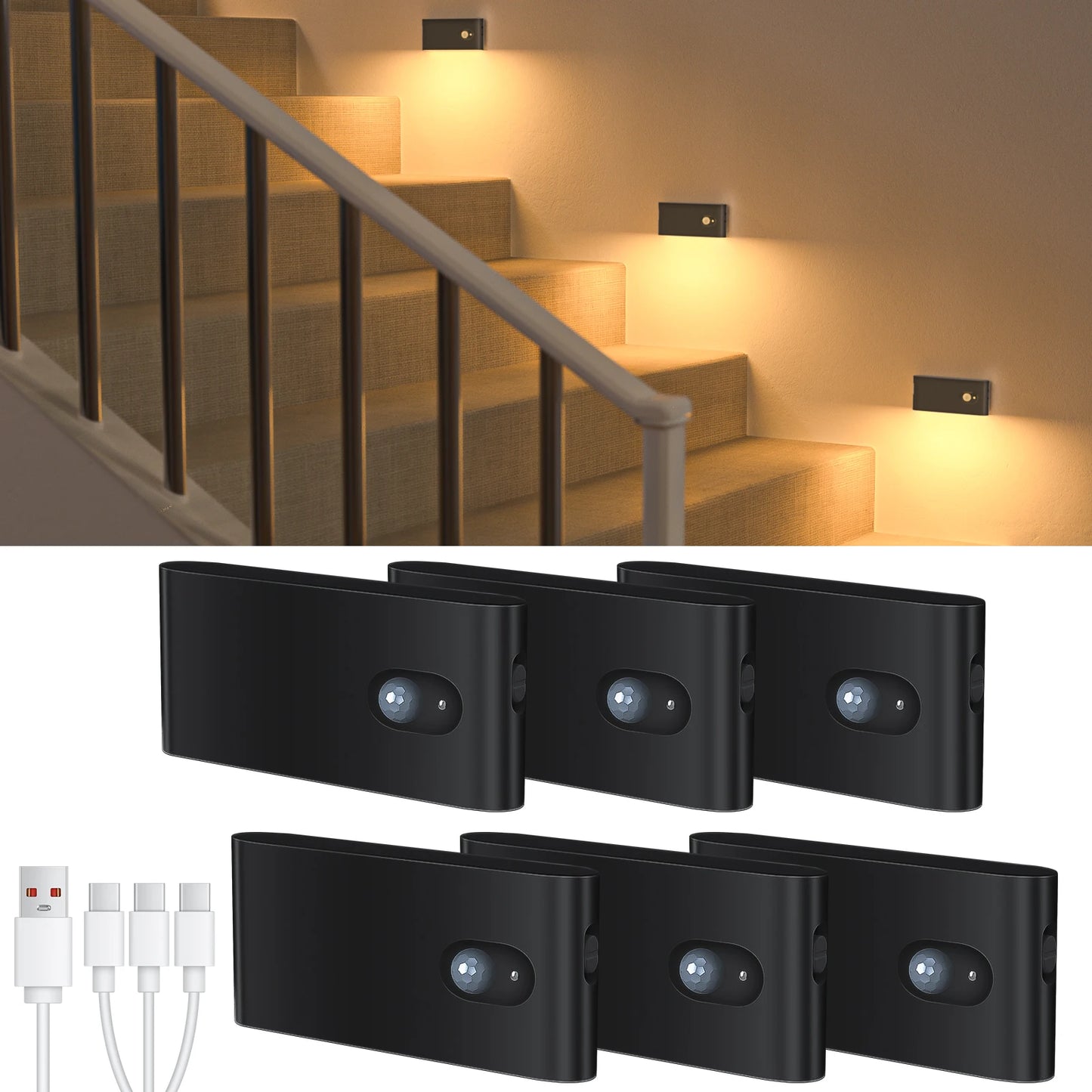 WILLED Motion Sensor Night Light Warm White Indoor Rechargeable Stair Light Indoor for Hallway Stairway Bathroom Bedroom Kitchen