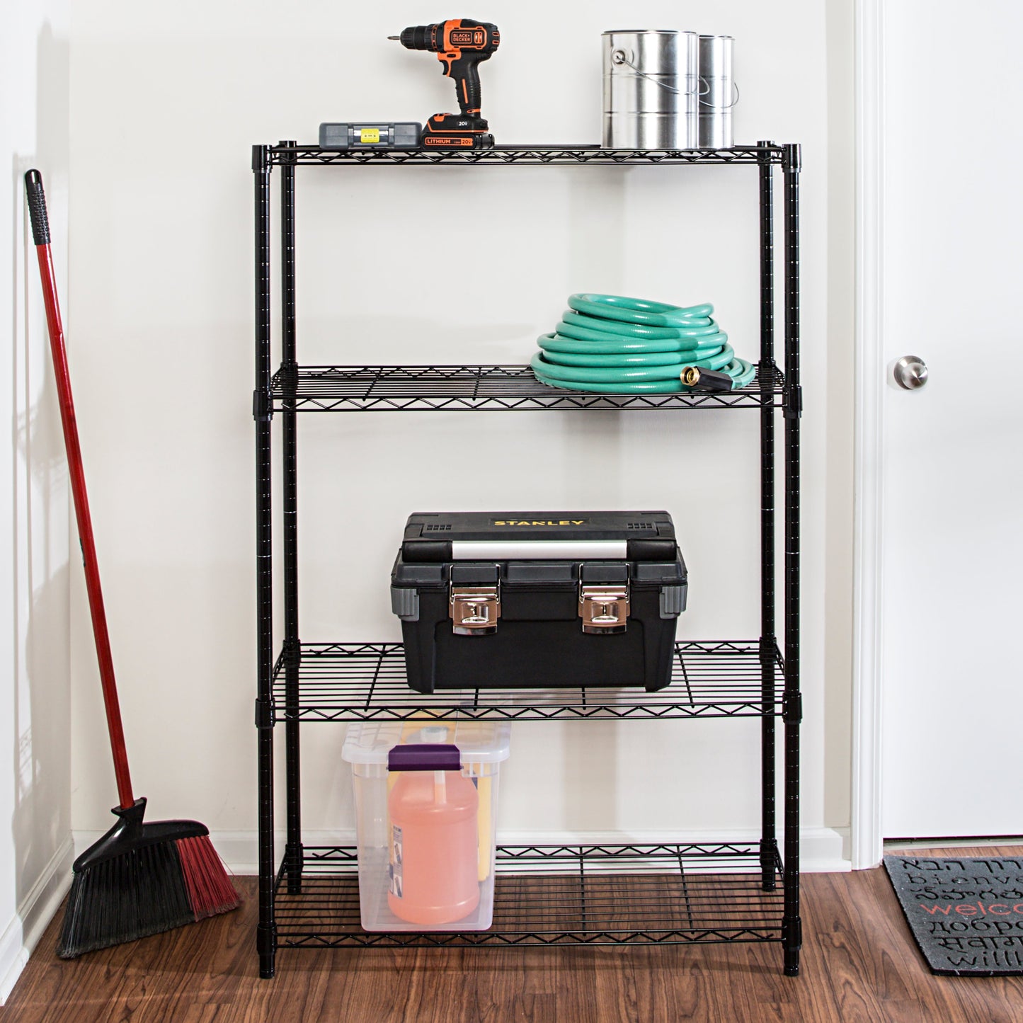 Black 4-Tier Adjustable Shelving Unit with 350-lb Shelf Capacity