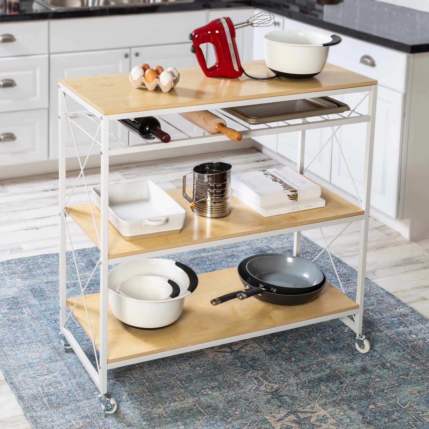 White/Oak 4-Tier Rolling Kitchen Island